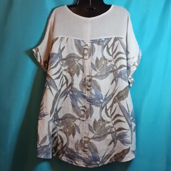 LUNGO L'ARNO Linen Top With Leaves Pattern and High/ Low Bottom. Size 1X - Picture 8 of 15